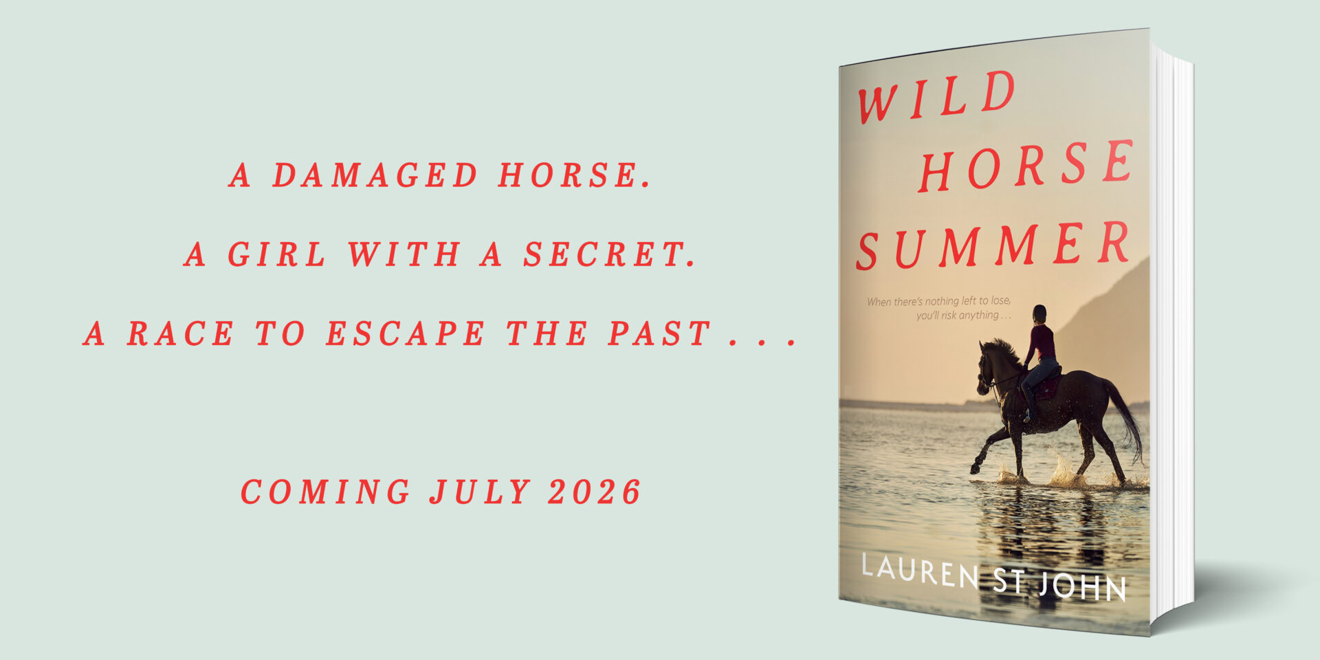 Image of a novel, Wild Horse Summer, featuring a book cover with a girl riding a beautiful horse in the sea against a sunset